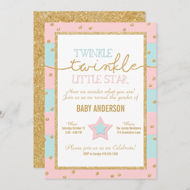Twinkle Twinkle Pink Blue Gold Gender Reveal Invitation (Front/Back)