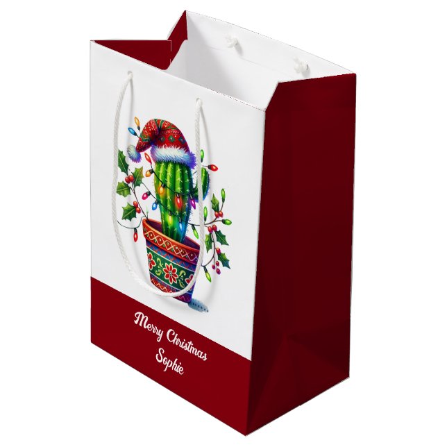 Twinkling Cactus Christmas Medium Gift Bag (Back Angled)