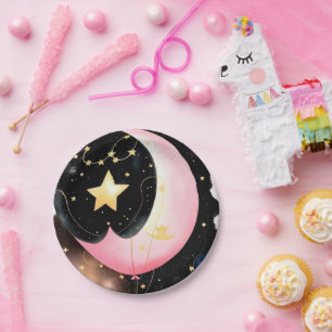 Twinkling Celestial: Moon & Stars Girl Baby Shower Paper Plate