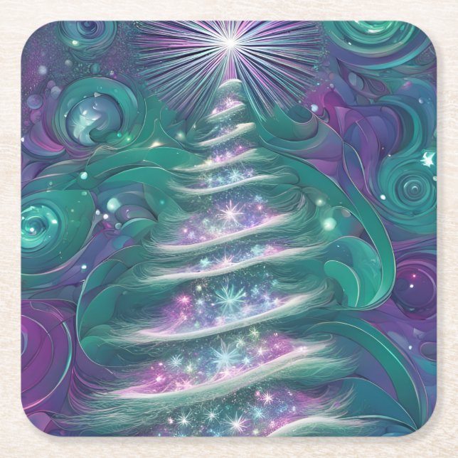 Twinkling Christmas Tree Square Paper Coaster (Front)