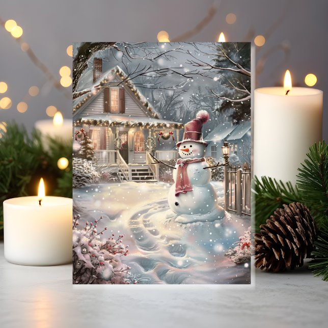 Twinkling Cozy Christmas Cottage with Snowman Card (Snowman Smiles & Cozy Vibes in Front of a Holiday-Ready Home)
