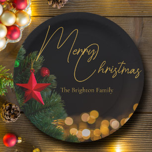 Twinkling Gold Lights Modern Merry Christmas Party Paper Plate