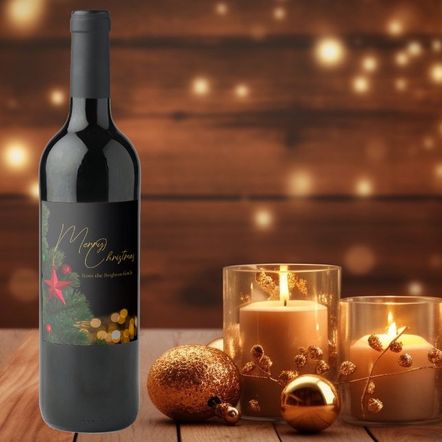 Twinkling Gold Lights Modern Merry Christmas Wine Label (Creator Uploaded)
