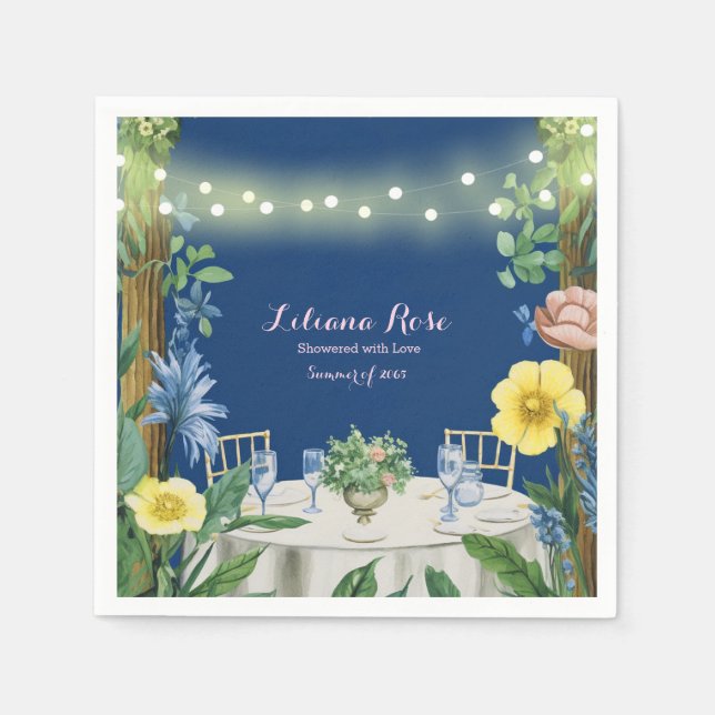 Twinkling Lights Blue Floral Garden Bridal Shower Napkin (Front)