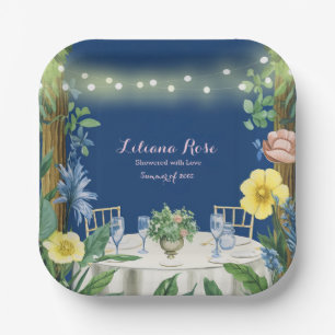 Twinkling Lights Blue Floral Garden Bridal Shower Paper Plate