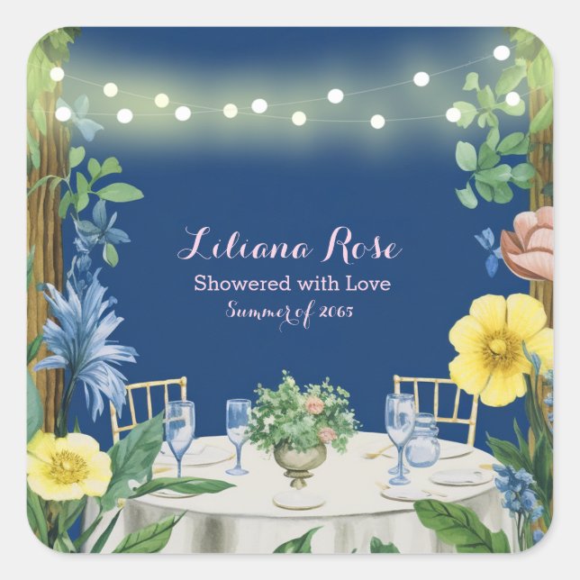 Twinkling Lights Blue Floral Garden Bridal Shower Square Sticker (Front)