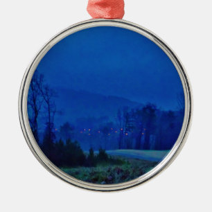 Twinkling Lights in a Blue Mountain Mist Metal Ornament