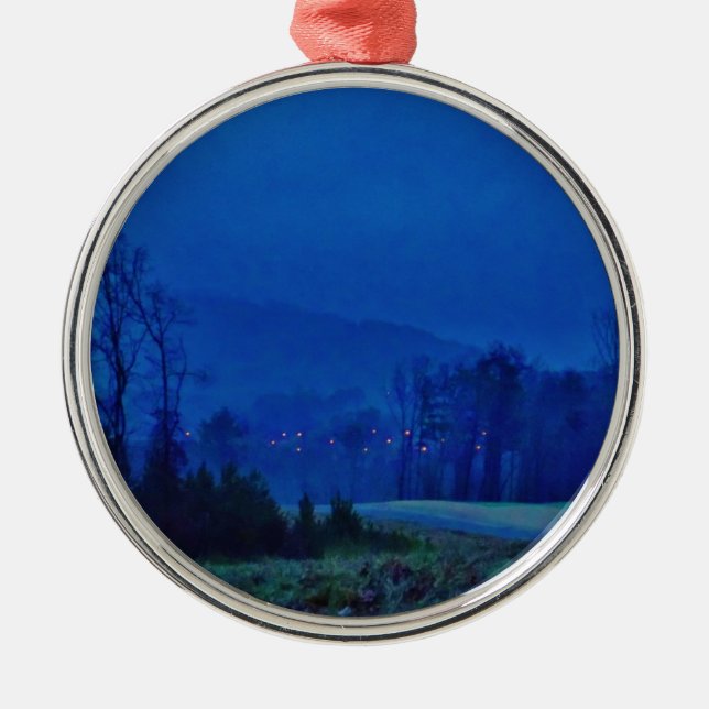 Twinkling Lights in a Blue Mountain Mist Metal Ornament (Front)