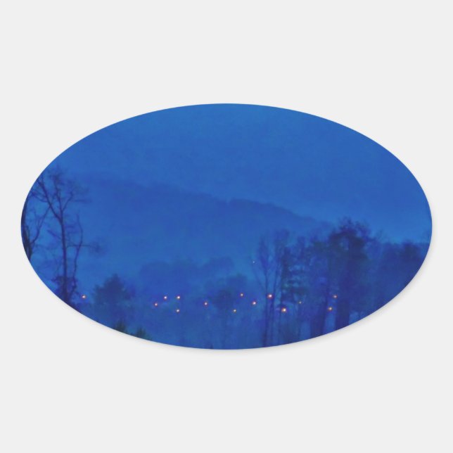 Twinkling Lights in a Blue Mountain Mist Oval Sticker (Front)