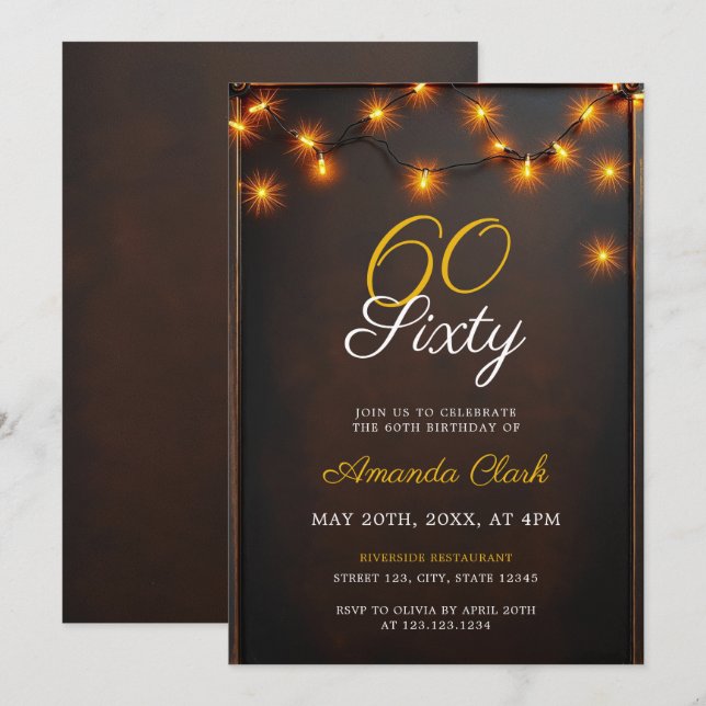 Twinkling Lights with Rustic Charm 60th Birthday Invitation (Front/Back)