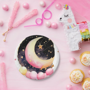 Twinkling Moon & Stars Baby Girl Shower Paper Plate