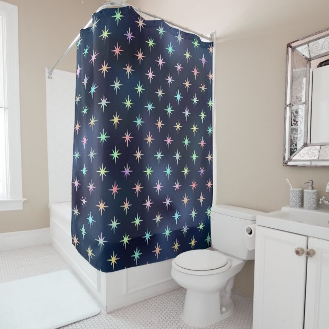 Twinkling Pastel Stars Navy Blue Trendy Glam Shower Curtain (In Situ)