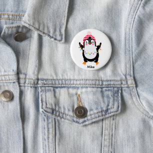 Twinkling Penguin with Christmas Lights 6 Cm Round Badge