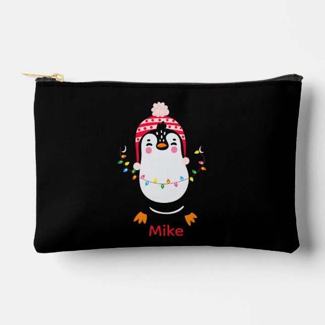 Twinkling Penguin with Christmas Lights Accessory Pouch (Front)