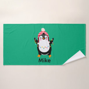 Twinkling Penguin with Christmas Lights Bath Towel