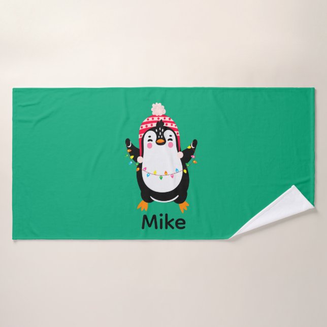 Twinkling Penguin with Christmas Lights Bath Towel (Bath Towel)