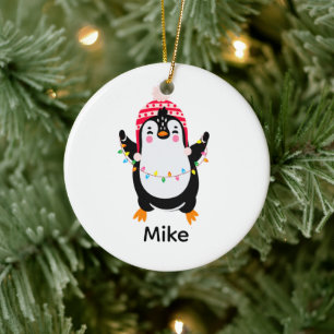 Twinkling Penguin with Christmas Lights Ceramic Ornament