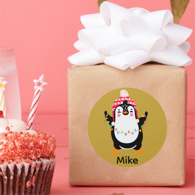 Twinkling Penguin with Christmas Lights Classic Round Sticker (Party)