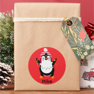 Twinkling Penguin with Christmas Lights Classic Round Sticker