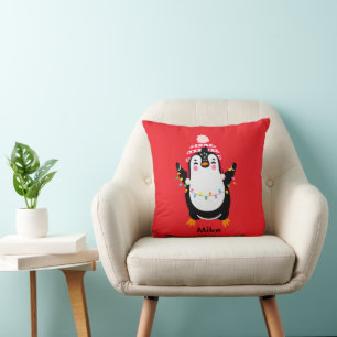 Twinkling Penguin with Christmas Lights Cushion