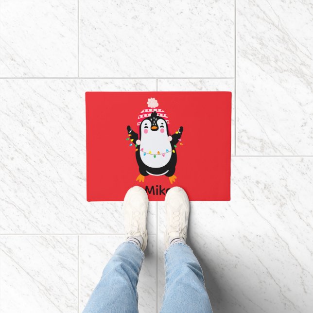 Twinkling Penguin with Christmas Lights Doormat (Indoor)
