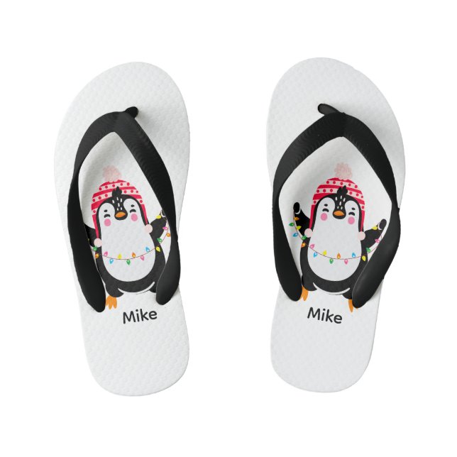 Twinkling Penguin with Christmas Lights Kid's Thongs (Footbed)