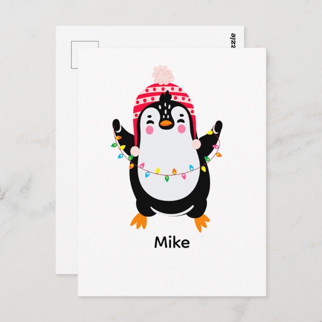 Twinkling Penguin with Christmas Lights Postcard (Front/Back)