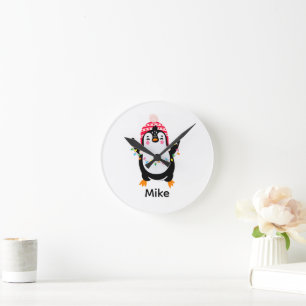 Twinkling Penguin with Christmas Lights Round Clock