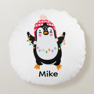 Twinkling Penguin with Christmas Lights Round Cushion