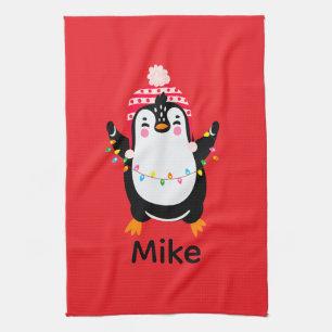 Twinkling Penguin with Christmas Lights Tea Towel