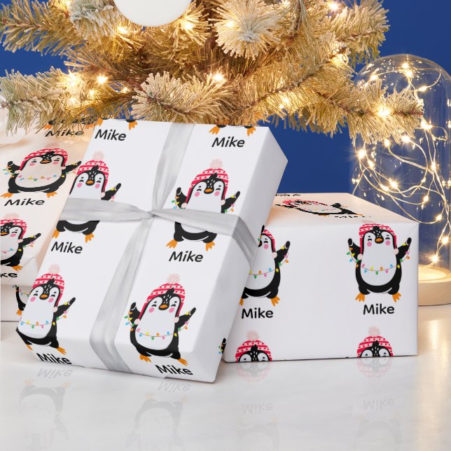 Twinkling Penguin with Christmas Lights Wrapping Paper (Holidays)