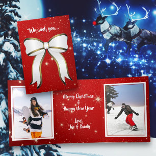 Twinkling Red Christmas Bow Two Photos Tri-Fold Holiday Card