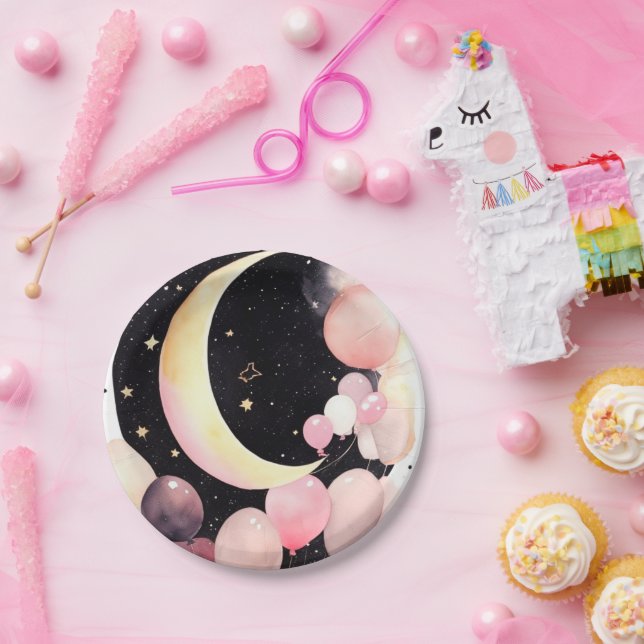 Twinkling Stars: Moon & Stars Baby Girl Shower Paper Plate (Party)