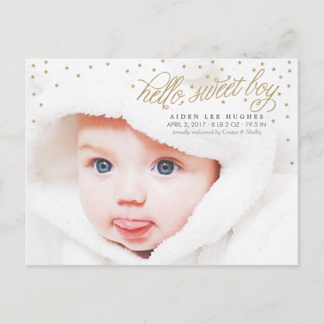 Twinkly Gold Stars Baby Boy Birth Announcement Postcard (Front)
