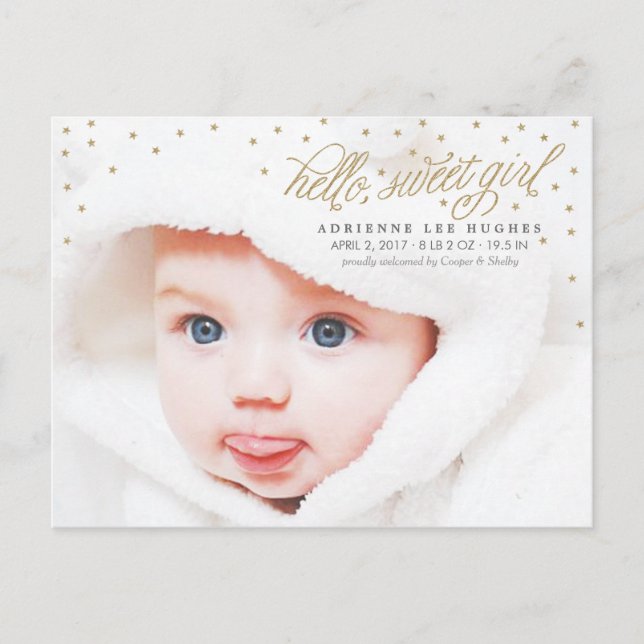 Twinkly Gold Stars Baby Girl Birth Announcement (Front)