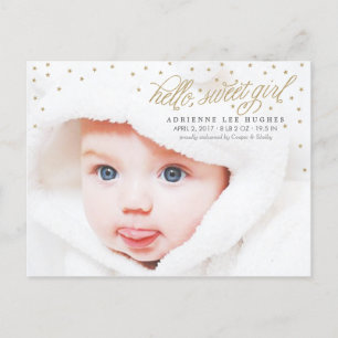 Twinkly Gold Stars Baby Girl Birth Announcement Postcard