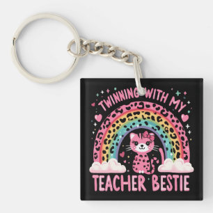 Twinning With My Teacher Bestie Rainbow Cat Lover Key Ring