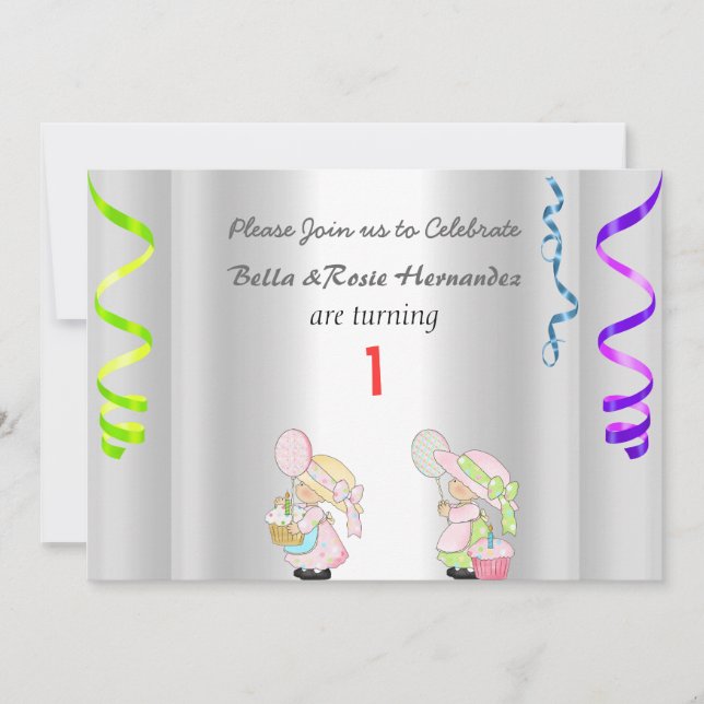 Twins 1st Birthday Announcement Party Silver (Front)