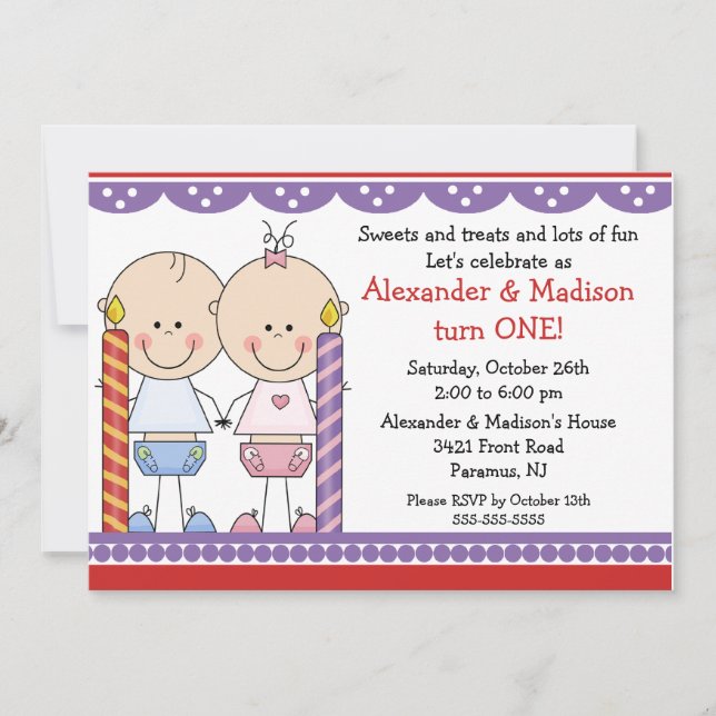 Twins 1st Birthday Invitation (Front)