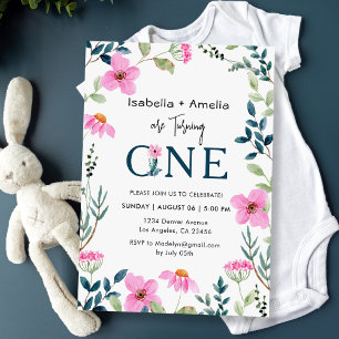 Twins 1st Birthday Party Wildflowers Theme Invitation