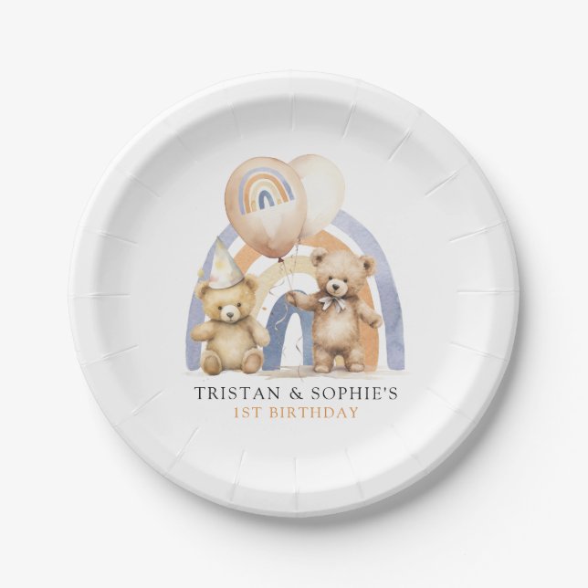 Twins 1st Birthday Watercolor Teddy Bears Paper Plate (Front)