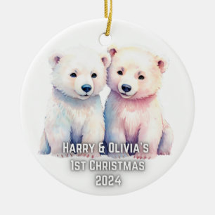 Twins 1st Christmas Personalised Polar Bear Ceramic Ornament