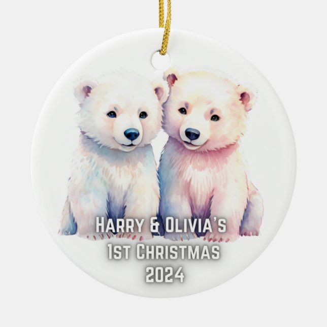 Twins 1st Christmas Personalized Polar Bear Ceramic Ornament (Front)