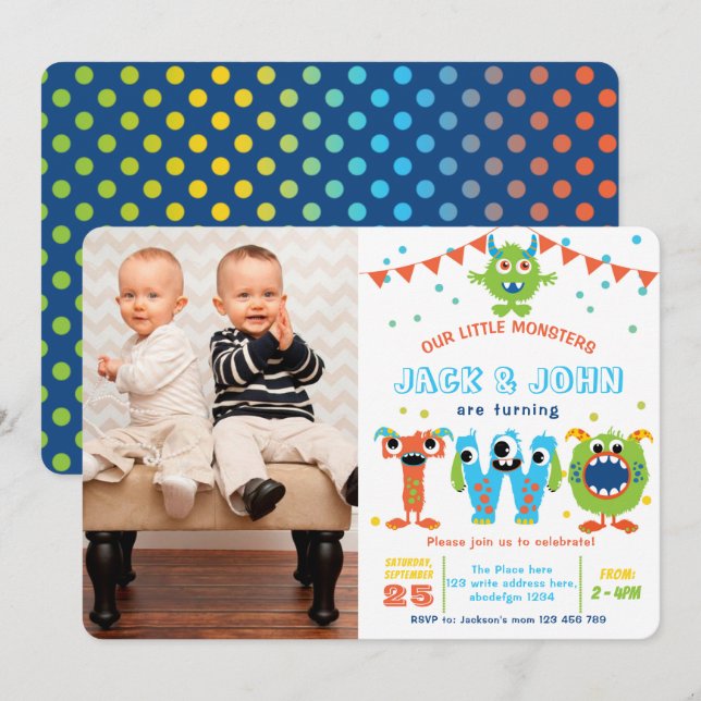 Twins 2nd birthday little monster birthday photo invitation (Front/Back)