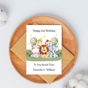 Twins 2nd Birthday Safari Leaf Animals Card