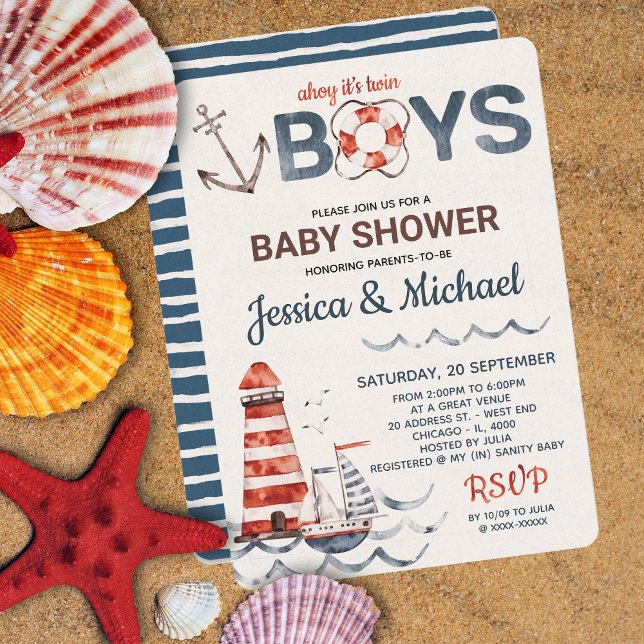 Twins Ahoy It's A Boy Nautical Baby Shower Invitation (Creator Uploaded)