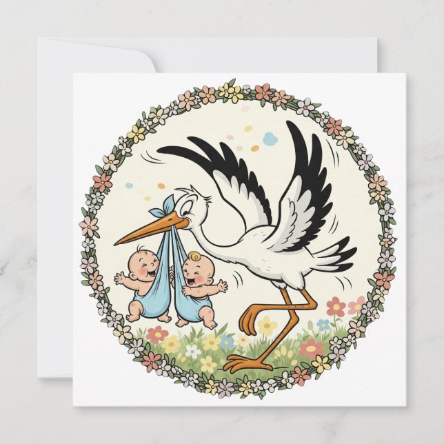 Twins and Stork Vintage Design Invitation (Front)