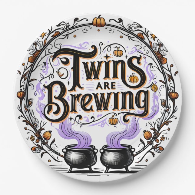 Twins Are Brewing Halloween Baby Shower Plate (Front)
