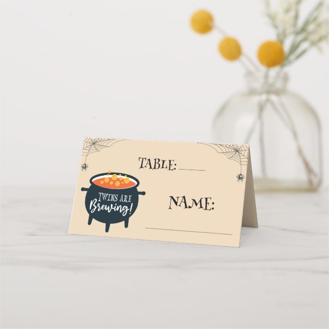 Twins are Brewing Shower Halloween Cauldron Table Place Card (Front)