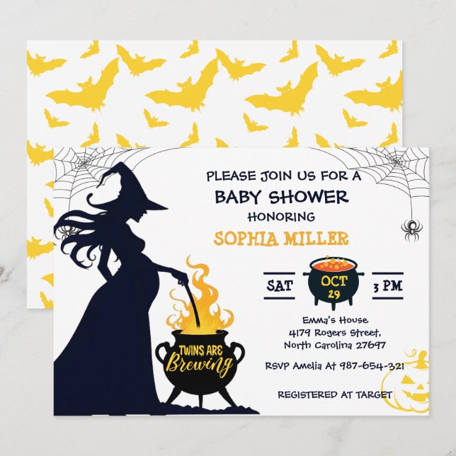 Twins are Brewing Shower Witch Halloween Cauldron Invitation (Front/Back)